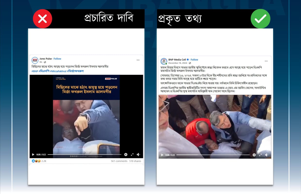 মির্জা ফখরুল সম্প্রতি মিছিলের মধ্যে অসুস্থ হন নি, ছড়ানো ভিডিওটি পুরোনো