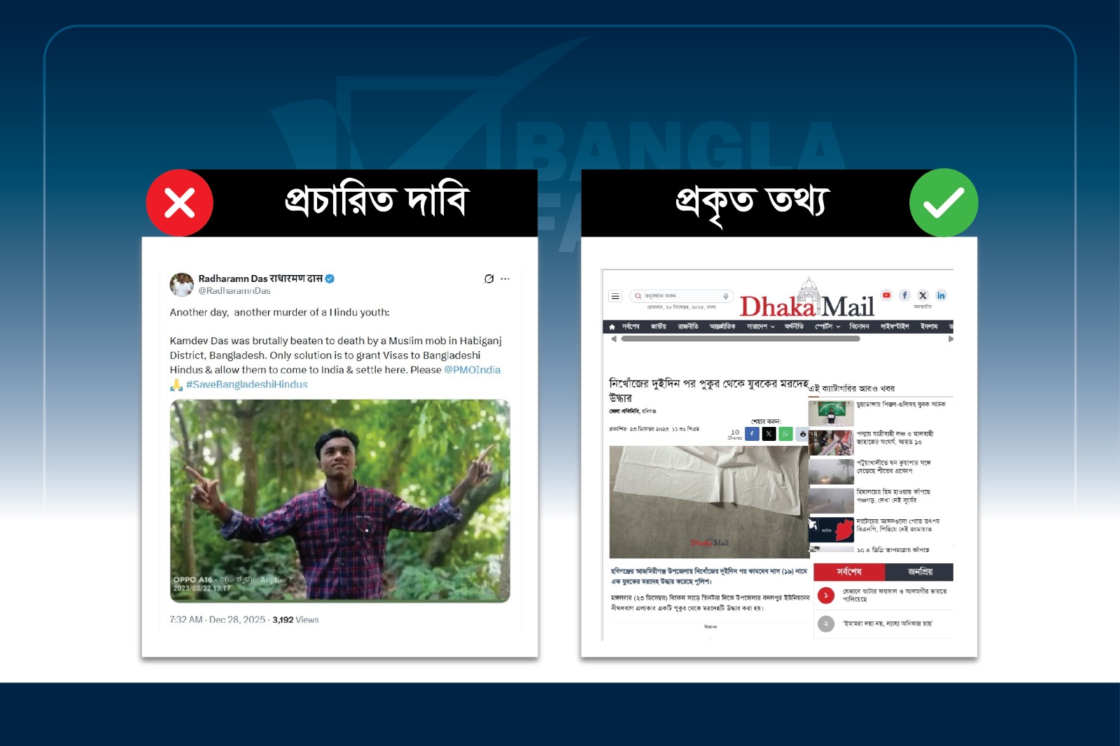 হবিগঞ্জে কমল দাসের মৃতদেহ উদ্ধার: ভারতীয় এক্স হ্যান্ডেল থেকে 'মুসলিমরা মব সৃষ্টি করে হত্যা' করেছে বলে ভুয়া তথ্য প্রচার
