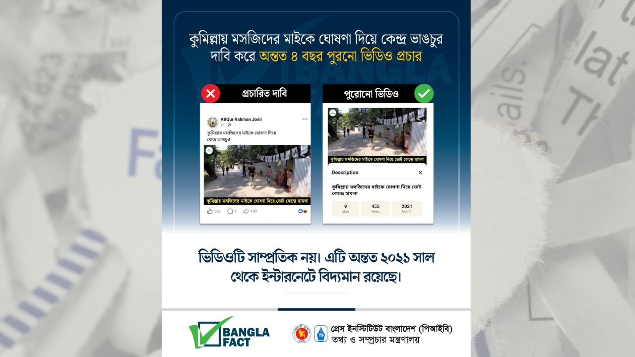 কুমিল্লায় মসজিদের মাইকে ঘোষণা দিয়ে কেন্দ্র ভাঙচুর দাবি করে ৪ বছর পুরনো ভিডিও প্রচার