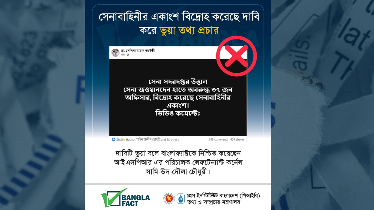 সেনাবাহিনীর একাংশ বিদ্রোহ করেছে দাবি
করে ভুয়া তথ্য প্রচার
