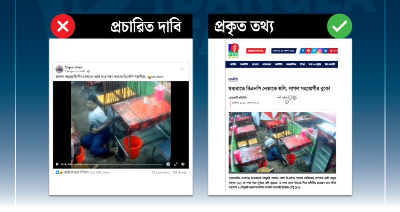 বিএনপি নেতার সহযোগী গুলিবিদ্ধ হওয়ার দৃশ্যকে আ লীগ নেতা হত্যা বলে প্রচার 
